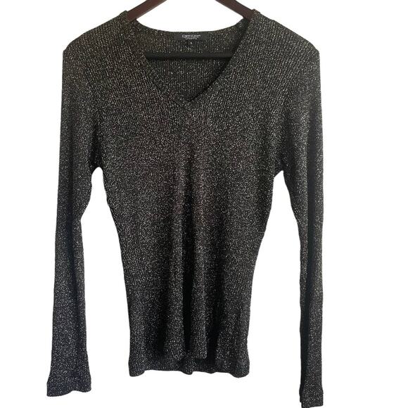 Karen Kane Top Women L Black Gold Metallic Rayon Knit‎ Stretch Event Glam Dressy - Picture 1 of 10